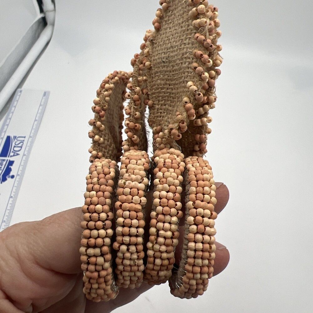 4 Nicole Miller Napkin Ring Easter Bunny Ears Beaded Burlap Tan Set Shabby Chic - Picture 8 of 9